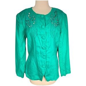 Vintage Nancy Johnson Green Linen Embroidered Button Front Jacket Blazer Size 14